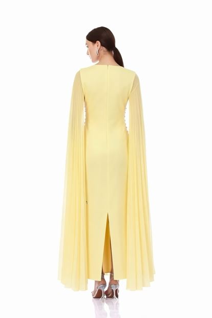 Sarı Pelerin Detaylı Nakışlı Abiye Elbise